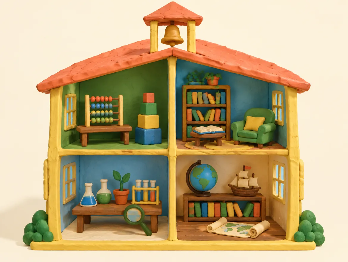 A clay schoolhouse with its front wall open, showing a math room, a reading nook, a science lab and a history room