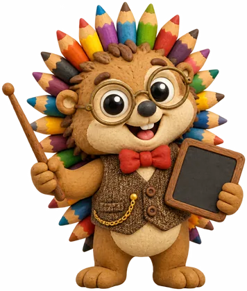 Professor Pine, a clay porcupine with colored-pencil quills, round glasses and a red bow tie