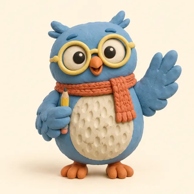 The YourHomeschool owl tutor, a blue clay owl with yellow glasses, waving